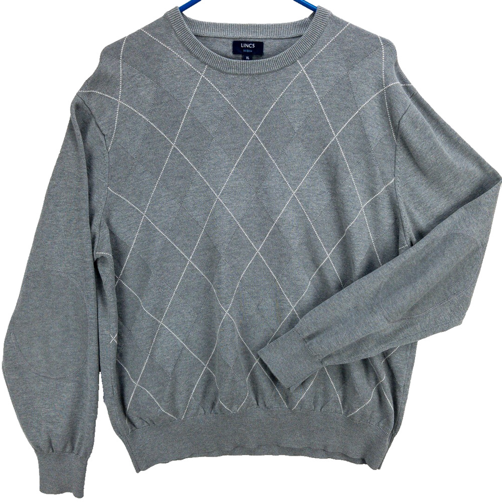 Men's XL Silk Cashmere Blend Crewneck Sweater Gray Elbow Patches Argyle LINCS